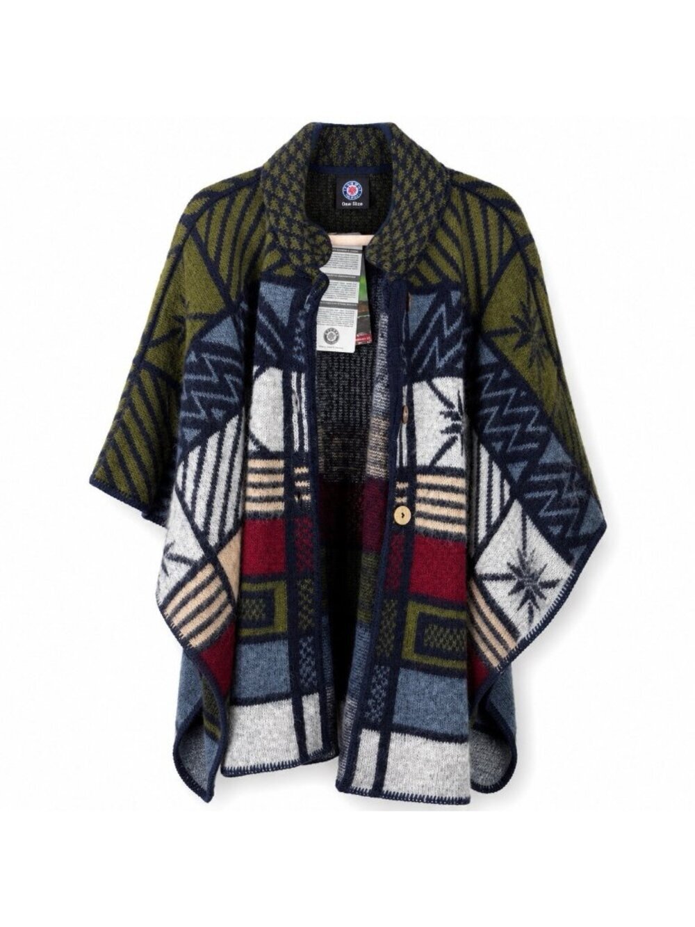 Icewear Iceland Wool Cardigan OS Green Navy Aztec Boho Cape Wrap Poncho OS